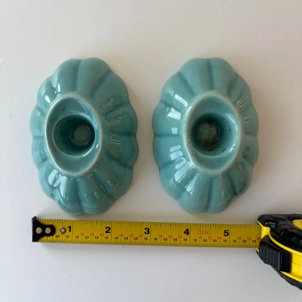Vintage Kellems Pasadena Turquoise Blue Scalloped Ceramic Candle Holders Pair